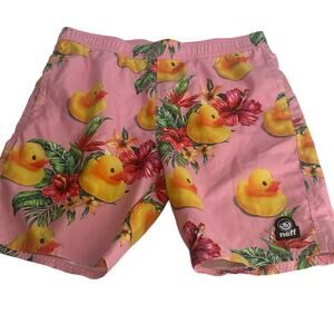 Neff Swim Trunks Unlined Boys Size XL Pink Rubber Ducky Graphic Pockets